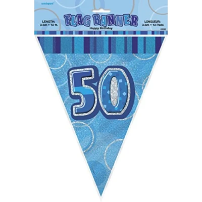 Image of Unique Party 55306 12ft Foil Glitz Blue 50th Birthday Bunting Flags