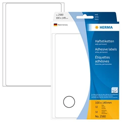 Image of HERMA Multi Purpose Labels, 1 Label per Sheet, 32 Sheets, 100 x 149 mm, Self Adhesive Large Labels Stickers, Blank Sticky for Office Kitchen Home, White