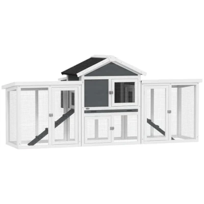 Image of PawHut Large Chicken Coop with Run Garden Hen House Poultry Coops Cages Nesting Box Wooden 204 x 85 93cm, Grey