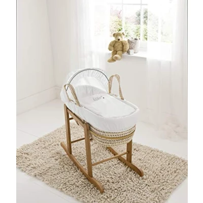 Image of ELEGANT BABY Embroidered Sleepy Owl Palm Moses Basket with Deluxe Natural Rocking Stand, Adjustable Hood, Fibre Mattress &amp; Padded Liner