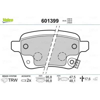 Image of 77366336, 77366595, 77367914 Brake pad set VALEO 601399 Rear Axle incl. wear warning contact with anti squeak plate slide rails FIAT: 500L