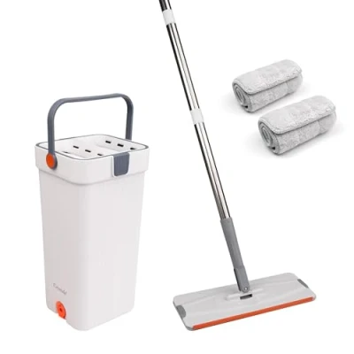 Image of Crystals Spin Mop and Bucket Set for Floor Cleaning Compact System with 360 Rotating Head, 2 Refill Microfibre Pads, Squeeze Wringer Washing Dry (Flat &amp; Pads)