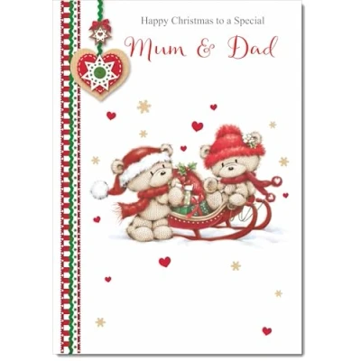 Image of doodlecards Mum and Dad Christmas Card Two Cute Bears on Sled Medium Size for &amp; with Plain Envelope