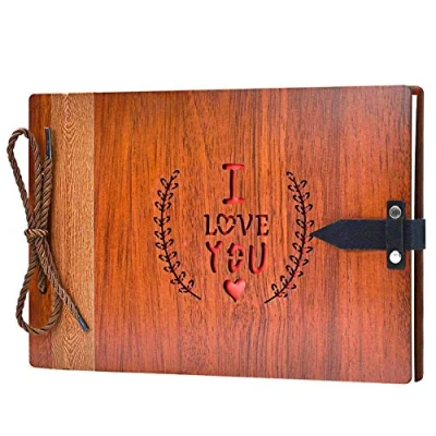 Image of ZEEYUAN Wooden Photo Album Scrapbook DIY Book Wedding Guest 80 Pages Travel Memory Birthday Anniversary Valentine&#039;s Gift for Mother Father (I Love You)