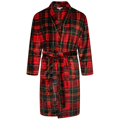 Image of Adore Home Mens Flannel Fleece Bathrobe Warm Soft Dressing Gown Bath Robe Shawl Collar, Check Red, S M