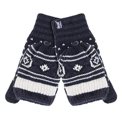 Image of HEAT HOLDERS Ladies Warm Fairisle Patterned Thermal Fingerless Winter Mittens Converter Gloves (One Size, Navy (Stockholm))