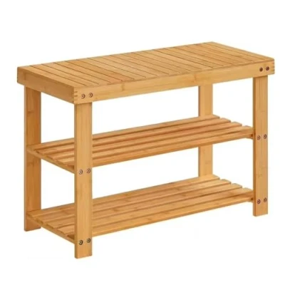 Image of HOMION Shoe Rack 3 Tier Bench Storage Organiser Large 90 x 27 42.5cm Bamboo Wood