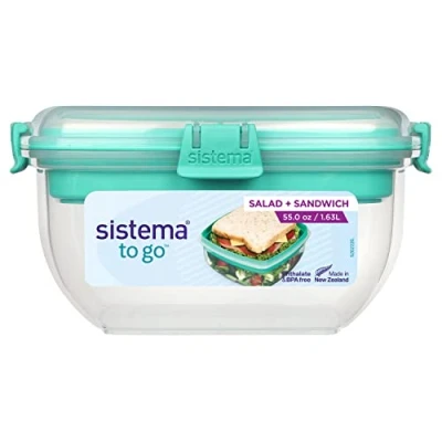 Image of Sistema Salad + Sandwich Lunch Box To Go 1.65 Litre Food Storage Container with Compartments BPA Free Assorted Colors (Not Selectable)