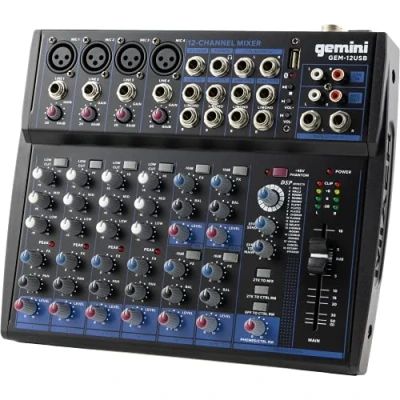 Image of Gemini Sound Gem 12USB Compact 12 Channel Analogue Mixer Including 4 Mic Channels, 3 Band EQ, USB Playback From Stick, And Bluetooth Streaming