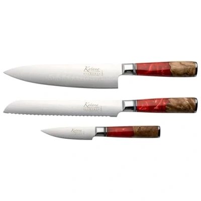 Image of Katana Saya Elements 3 Piece Kitchen Knife Set, Volcanic Red, VG 10 Damascus Steel with Olivewood and Resin Handle