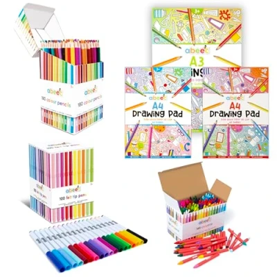 Image of abeec Ultimate Art Bundle 3 Drawing Pads, 180 Colouring Pencils, 100 Felt Tip Pens, and 144 Wax Crayons Perfect for Kids&#039; Arts Crafts, Colouring, Sketching