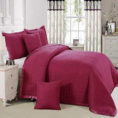 Image of Beautiful Plain colour OSCA Quilted Bedspread/Throw with 2 Pillow Shams (Burgundy, Single)