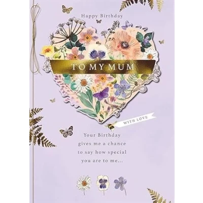 Image of Mum Birthday Card Floral Heart and Butterflies with Embossed Foil Finish Embellishments Eco Friendly Recyclable by Paper House