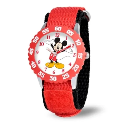 Image of Disney Kids&#039; W001573 &quot;Time Teacher&quot; Mickey Mouse Stainless Steel Watch with Red Nylon Strap