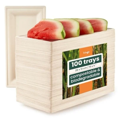Image of HAAGO 10&quot; Heavy Duty Sugarcane Bagasse Serving Platter Disposable Trays for Hot &amp; Cold Food, Eco Friendly Biodegradable and Compostable Plates Barbecue Party 26cm x 12cm (200 Pack)
