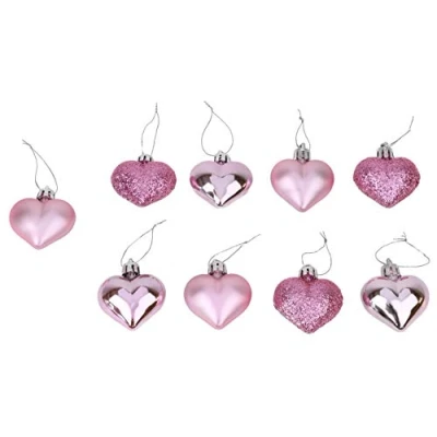 Image of Toyland® 1 Pack Of 9 40mm Multi Finish Pink Heart Shaped Baubles Christmas Tree Decorations