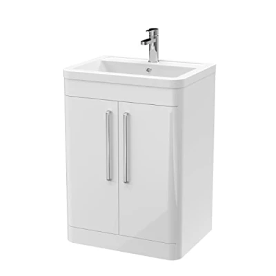 Image of 600mm Floor Standing 2 Door Vanity Unit with MFC Body, Ceramic Basin, Gloss White Finish, Bathroom Storage Cabinet