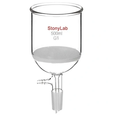 Image of StonyLab Borosilicate Glass Buchner Filtering Funnel with Coarse Frit(G1), 94mm Inner Diameter, 100mm Depth, 24/40 Standard Taper Joint and Vacuum Serrated Tubulation (500 ml)