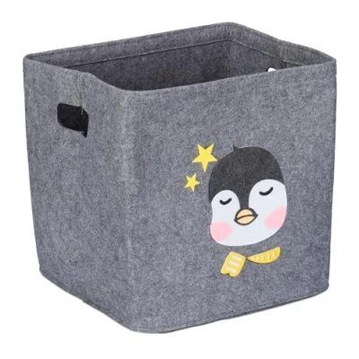 Image of Storage Box for Kids, Penguin Design, Toy Basket Made of Felt, Foldable, HxWxD: 33 x cm, Grey Relaxdays