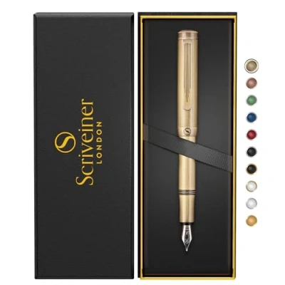 Image of Scriveiner Luxury EDC Fountain Pen (Medium), Stunning Heavy Brass Pocket Pen, Hand Brushed Finish, Schmidt German Nib Converter, Best Writing Gift Set for Men Women, Nice Fancy Designer