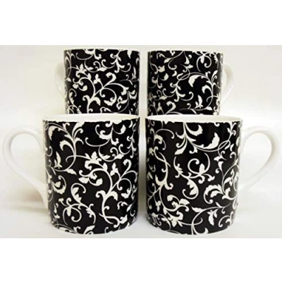 Image of fromeuropewithlove Venetian Mugs Set of 4 Fine Bone China Balmoral Black Hand Decorated in the UK Free Delivery