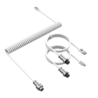 Image of ATTACK SHARK Custom C04 2 in 1 Coiled USB C Cable,USB A to Type C/Type with 5 Pin Detachable Metal Aviation Plug,Double Sleeve Spiral Extendable TPU Cable for PC/Keyboard/Mouse/Phone White