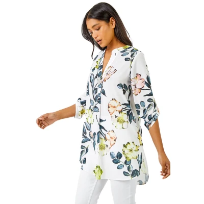 Image of Roman Originals Shirt for Women UK Ladies Longline Top Collarless Blouse Smart Tunic Casual Evening Relaxed Fit 3/4 Length Sleeve Notch V Neck Long White Yellow Size 12