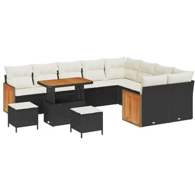 Image of vidaXL 12 Piece Garden Sofa Set with Cushions Black Poly Rattan Acacia