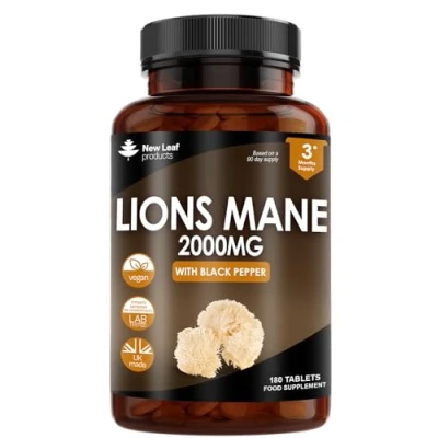 Image of Lions Mane Mushroom Extract Supplement 2000mg 180 High Strength Vegan Tablets with Black Pepper (Not Powder or Capsules) Made in The UK by New Leaf Products