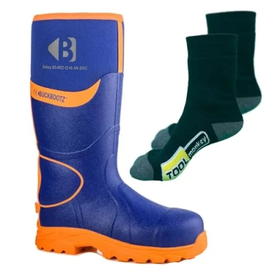 Image of Buckler Buckbootz BBZ8000 Hi Visibility Neoprene Safety Wellington Boots with TM Boot Socks (Blue/Orange, UK Footwear Size System, Adult, Men, Numeric, Medium, 8)