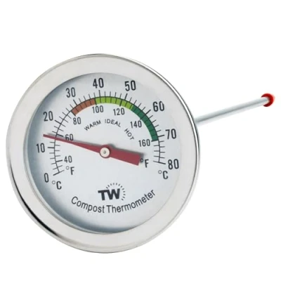 Image of Compost Thermometer Stainless Steel Dial for Home and Backyard Composting 50 mm Diameter C&amp;F Dial, 295 Temperature Probe Accelerator