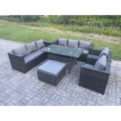 Image of Fimous Outdoor Lounge Sofa Garden Furniture Set Patio Rattan Rectangular Dining Table with 2 Armchair Big Footstool 9 Seater Dark Grey Mixed