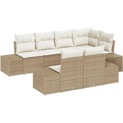 Image of vidaXL 7 Piece Garden Sofa Set with Cushions Beige Poly Rattan