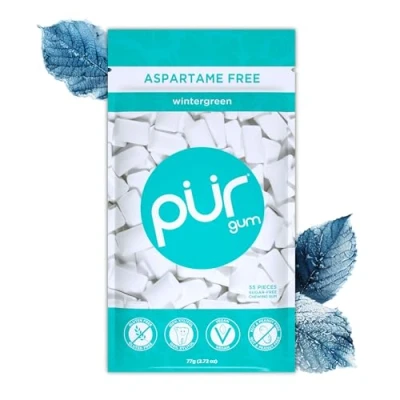 Image of PUR Gum Sugar Free Chewing Made with Xylitol Vegan, Aspartame Free, Gluten &amp; Keto Friendly Natural Wintergreen Flavoured Gum, 55 Pieces (Pack of 1)
