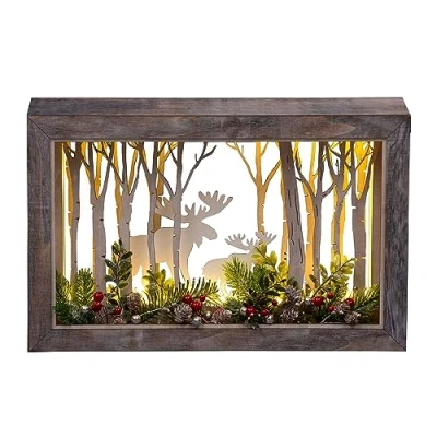 Image of SHATCHI Wooden Christmas Reindeer Scene Tabletop Centrepiece Frame Battery Operated with Micro Rice LEDs and Festive Room Wall Table Home Xmas Decorative Gift, Wood, Rectangle 45x29cm