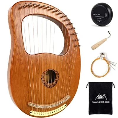 Image of Lyre Harp,AKLOT 16 Metal Strings Mahogany lyras Harps with Tuning Wrench Spare Pick up and Gig Bag
