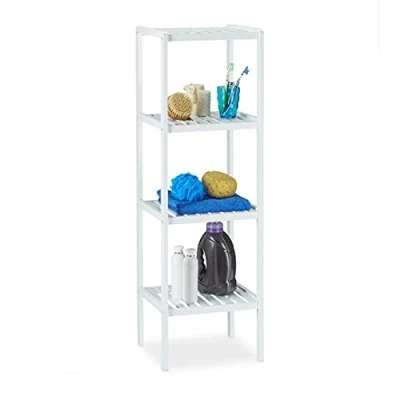 Image of Relaxdays Bamboo Bath Rack with 4 Shelves, HxWxD: 110 x 34.5 33 cm, Tall Freestanding Shelving Unit, Wooden, White