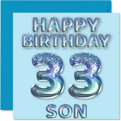 Image of 33rd Birthday Card for Son Blue Glitter Party Balloons Happy Cards 33 Year Old from Mum Dad Parents, 145mm x Bday Greeting Gift