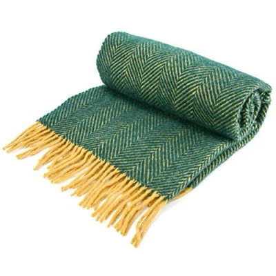 Image of Herringbone Pure New Wool Knee Rug Throw Small Blanket Emerald/Mustard British Made by Tweedmill Textiles