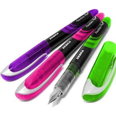 Image of Zebra Fuente Disposable Fountain Pen Teachers Set Coloured Ink Green, Pink, and Purple