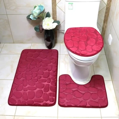 Image of ele ELEOPTION 3 Piece Non Slip Pedestal Bath Mat Set, Toilet Lid Cover Mat, Breathable Memory Foam Mats Soft Comfortable Water Absorbent Bathroom Rug (Burgundy Red)
