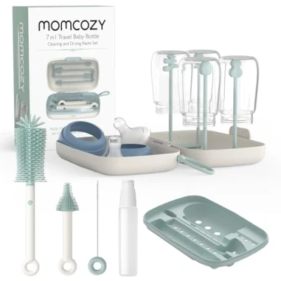 Image of Momcozy 7 in 1 Baby Bottle Brush Set Complete Cleaning Kit with Silicone, Nipple, Straw Brush,Soap Dispenser, and Drying Rack Ideal for Home Travel