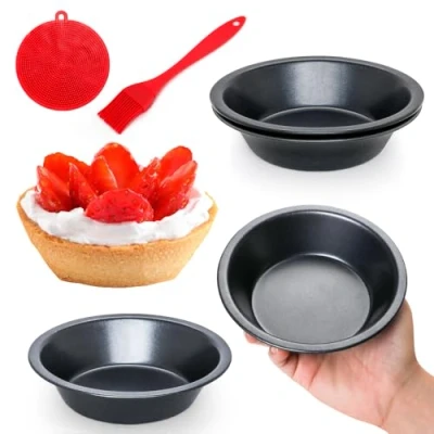 Image of Quyimy Individual Pie Dish, Mini Quiche Tin Tart Tins Set of 4, 12 cm Round Dish with Oil Brush&amp;Silicone Scrubber, Non Stick Small Pudding for Oven Baking