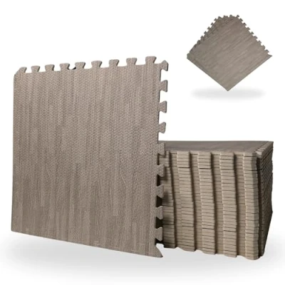 Image of 12 Piece Grey Wood Effect EVA Foam Floor Protective Tiles/Mats 60x60cm Each Set For Gyms, Kitchens, Garages, Camping, Kids Play Matting, Flooring Mats Covers 4.32 sqm (46.5 sq ft)