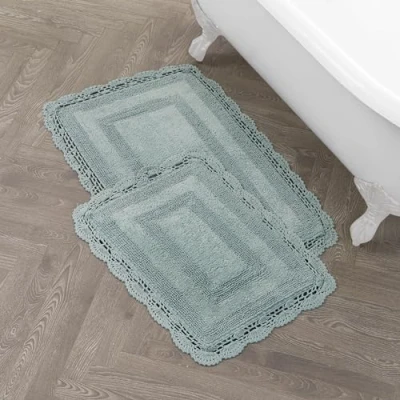 Image of Laura Ashley Crochet Cotton 17x24/21x34 in. 2 Piece Bath Rug Set, Aqua