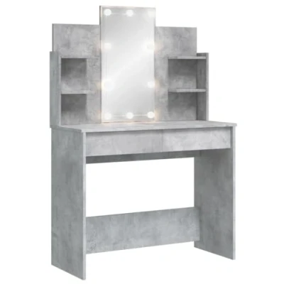 Image of vidaXL Concrete Grey Dressing Table Modern Makeup Vanity Desk with Wall Attachment Device, LED Illuminated Mirror, and Ample Storage Space