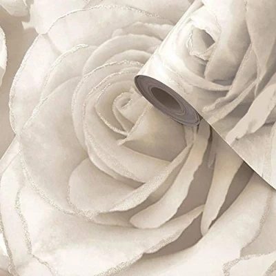 Image of Floral Rose Pattern Pearl Wallpaper Blown Vinyl Silver Glitter Madison