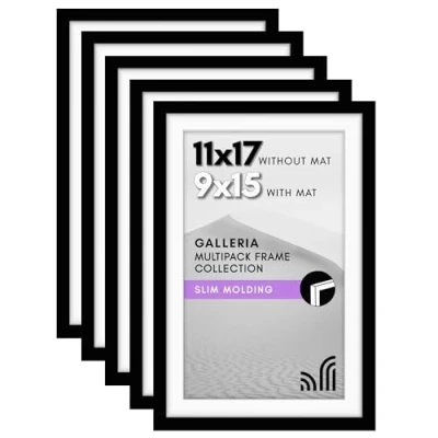 Image of Americanflat 11x17 Picture Frame in Black Displays 9x15 with Mat and Without Set of 5 Frames Sawtooth Hanging Hardware For Horizontal Vertical Display