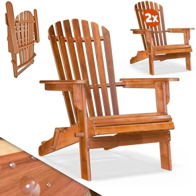 Image of CASARIA® Set of 2 Adirondack Sun Loungers Acacia Wood Foldable Large Armrests Conservatory Garden Patio Porch Wooden Outdoor Furniture