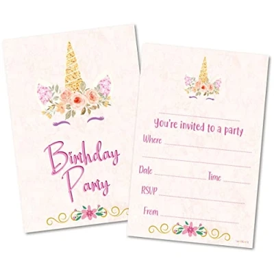 Image of (Pack of 40) Pink Unicorn Childrens Birthday Party Invitations Double Sided (NO ENVELOPES)